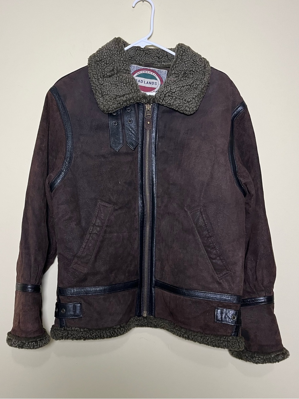Vintage 90s B-3 Type Aviator Bomber Jacket Badlands Leather Shearling Size S